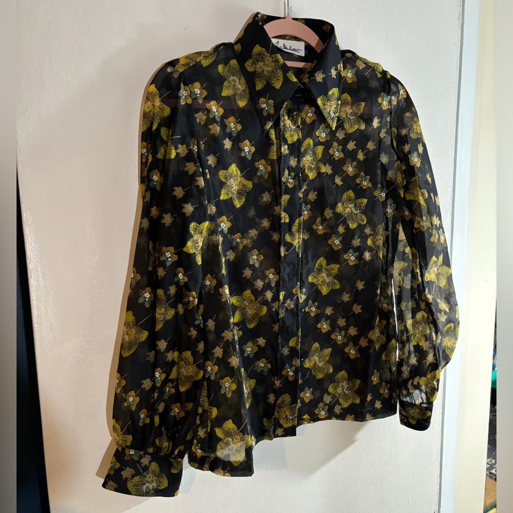 Vintage 70s long sleeved blouse sheer black and gold
